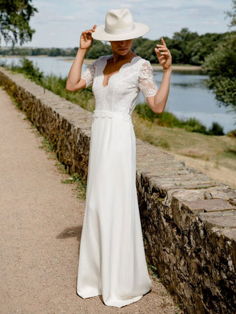 アイボリーアイボリーボヘミアンウェディングドレスレースAラインスイープバックレス半袖Vネック無料カスタマイズ