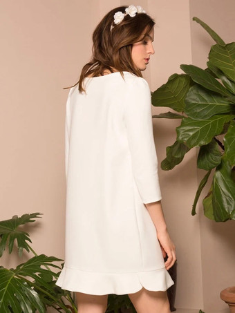 ショートウェディングドレス ジュエルネック 七分袖 Aライン ブライダルドレス