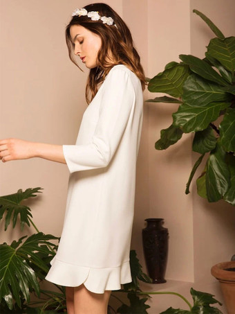 ショートウェディングドレス ジュエルネック 七分袖 Aライン ブライダルドレス