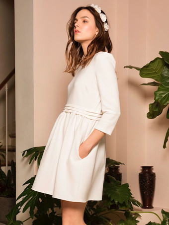 ショートウェディングドレス ジュエルネック 3/4丈スリーブ Aライン ウエスト上げ クレープショートブライダルドレス 無料カスタマイズ