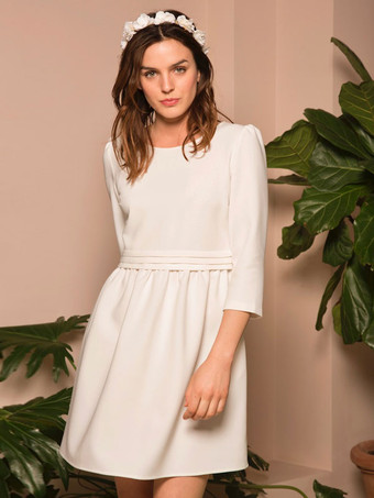 ショートウェディングドレス ジュエルネック 3/4丈スリーブ Aライン ウエスト上げ クレープショートブライダルドレス 無料カスタマイズ