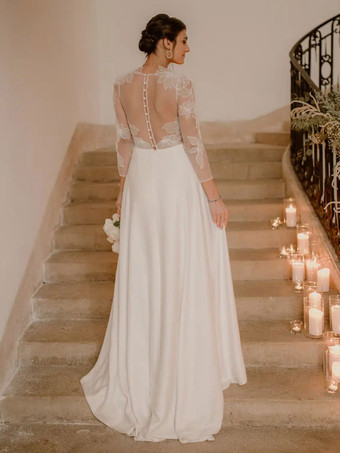 アイボリーボヘミアンウェディングドレスレース A ラインスイープウェディングドレス 3/4 袖 V ネック無料カスタマイズ