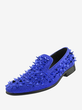 ブルー メンズ リベット ローファー シューズ マイクロスエードアッパー スパイク リベット スリッポン プロム パーティー ウェディングシューズ