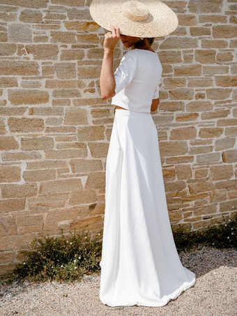 アイボリー ツーピース ウェディング ドレス ストレッチ クレープ スプリット フロント V ネック A ライン スイープ半袖無料カスタマイズ