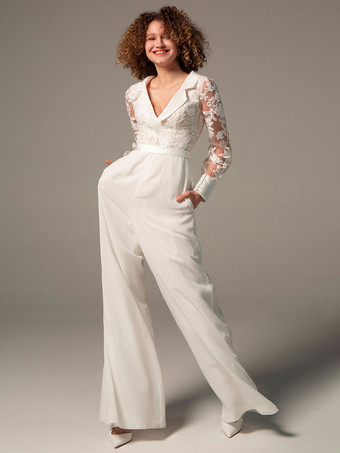 アイボリー ブライダル ジャンプスーツ レース マキシレングス Aライン Vネック 長袖 無料カスタマイズ
