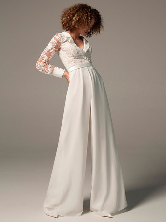 アイボリー ブライダル ジャンプスーツ レース マキシレングス Aライン Vネック 長袖 無料カスタマイズ