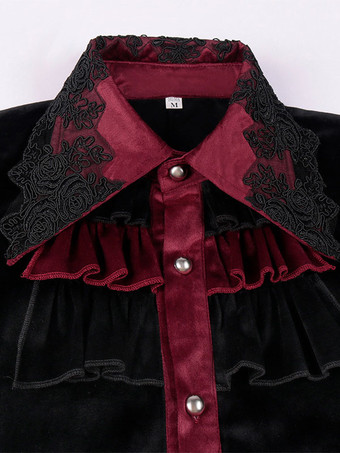 黒ヴィンテージトップレトロフリルレース長袖ポリエステルポリエステル繊維シャツレトロ衣装男性のための