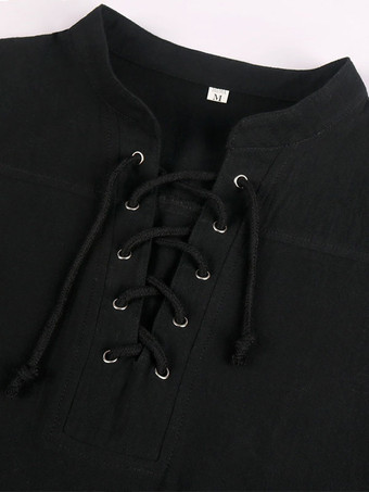 黒ヴィンテージトップレトロレースアップ半袖ポリエステルポリエステル繊維シャツレトロ衣装男性のための