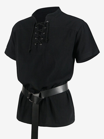 ブラック 黒ヴィンテージトップレトロレースアップ半袖ポリエステルポリエステル繊維シャツレトロ衣装男性のための