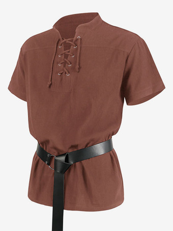 ブリックレッド黒ヴィンテージトップレトロレースアップ半袖ポリエステルポリエステル繊維シャツレトロ衣装男性のための