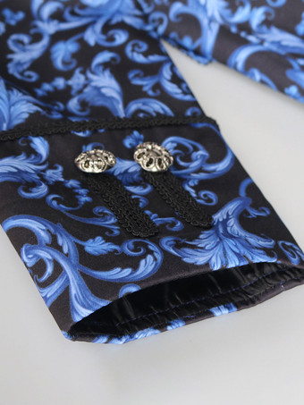 Azul Vintage Top Retro Poliéster Estampado Floral Mangas Largas Disfraces Retro Para Hombre