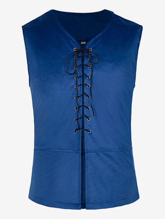 ブルー ブルーヴィンテージトップレトロレースアップノースリーブポリエステルポリエステル繊維チョッキレトロ衣装男性のための