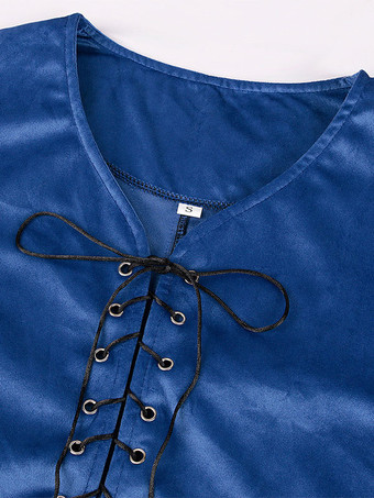 ブルーヴィンテージトップレトロレースアップノースリーブポリエステルポリエステル繊維チョッキレトロ衣装男性のための