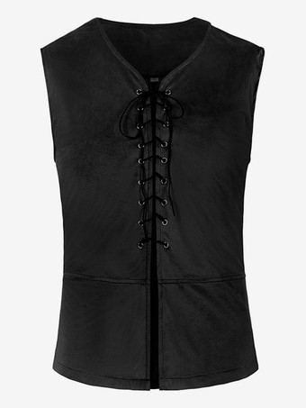 ブラック ブルーヴィンテージトップレトロレースアップノースリーブポリエステルポリエステル繊維チョッキレトロ衣装男性のための