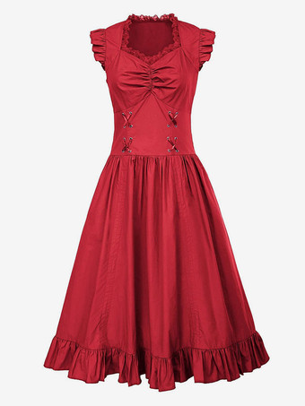 ブラックレトロコスチュームレースポリエステルドレス女性のレトロチュニックマリーアントワネット衣装ヴィンテージ服 バーガンディ