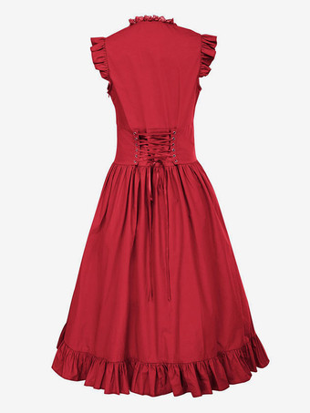 ブラックレトロコスチュームレースポリエステルドレス女性のレトロチュニックマリーアントワネット衣装ヴィンテージ服 バーガンディ