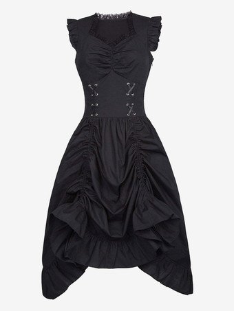 ブラック ブラックレトロコスチュームレースポリエステルドレス女性のレトロチュニックマリーアントワネット衣装ヴィンテージ服 バーガンディ