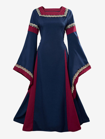 ダークネイビーダークネイビーレトロコスチュームレースポリエステルドレス女性のレトロマリーアントワネット衣装チュニックヴィンテージ服