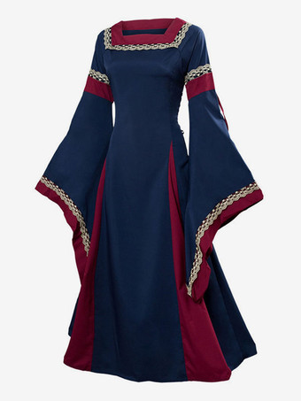 ダークネイビーレトロコスチュームレースポリエステルドレス女性のレトロマリーアントワネット衣装チュニックヴィンテージ服