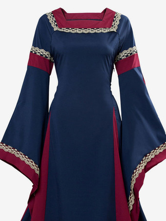 ダークネイビーレトロコスチュームレースポリエステルドレス女性のレトロマリーアントワネット衣装チュニックヴィンテージ服