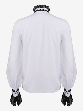 ホワイトヴィンテージトップレトロレースフリル花柄長袖ポリエステルポリエステル繊維シャツレトロな衣装男性