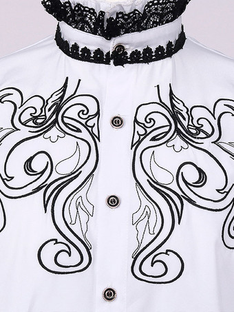 ホワイトヴィンテージトップレトロレースフリル花柄長袖ポリエステルポリエステル繊維シャツレトロな衣装男性