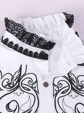 ホワイトヴィンテージトップレトロレースフリル花柄長袖ポリエステルポリエステル繊維シャツレトロな衣装男性