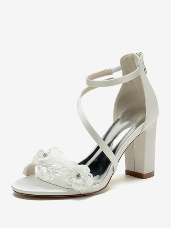 アイボリーウェディングシューズ サテンホワイト刺繍オープントゥウェディングサンダル