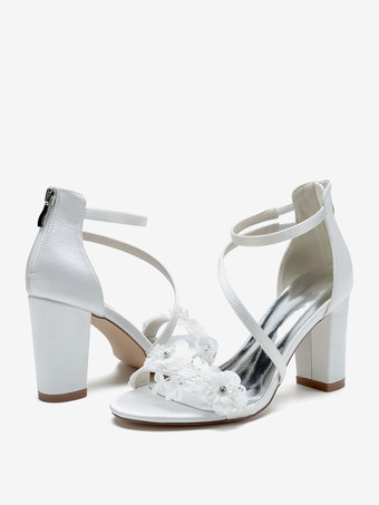 ウェディングシューズ サテンホワイト刺繍オープントゥウェディングサンダル