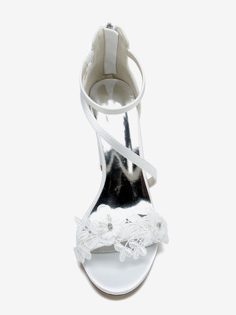 ウェディングシューズ サテンホワイト刺繍オープントゥウェディングサンダル