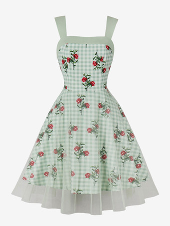 レトロドレス 1950 年代オードリーヘプバーンスタイルスクエアネックノースリーブ花柄膝丈ライトグリーンスイングドレス