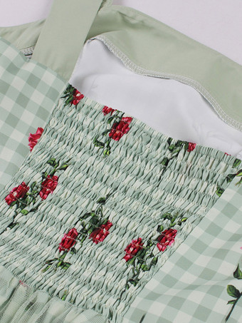 レトログラマードレス 1950年代 オードリー ヘップバーン スタイル スクエアネック ノースリーブ 花柄 膝丈 ライトグリーン スイングドレス