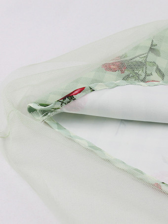 レトログラマードレス 1950年代 オードリー ヘップバーン スタイル スクエアネック ノースリーブ 花柄 膝丈 ライトグリーン スイングドレス