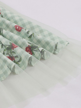 レトログラマードレス 1950年代 オードリー ヘップバーン スタイル スクエアネック ノースリーブ 花柄 膝丈 ライトグリーン スイングドレス