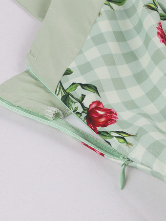 レトログラマードレス 1950年代 オードリー ヘップバーン スタイル スクエアネック ノースリーブ 花柄 膝丈 ライトグリーン スイングドレス