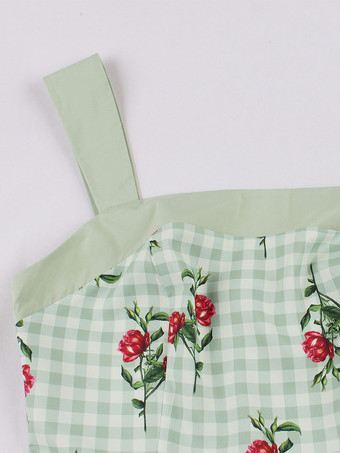 レトログラマードレス 1950年代 オードリー ヘップバーン スタイル スクエアネック ノースリーブ 花柄 膝丈 ライトグリーン スイングドレス