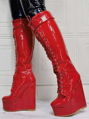 メンズセクシーブーツ パテントPUアッパー ウェッジヒール ニーハイブーツ