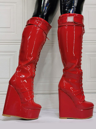 メンズセクシーブーツ パテントPUアッパー ウェッジヒール ニーハイブーツ