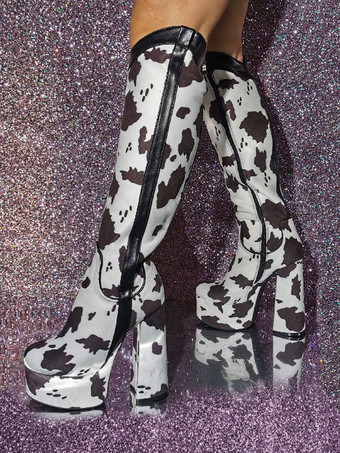 ホワイト メンズセクシーブーツ チャンキーヒール プラットフォーム ニーレングスブーツ