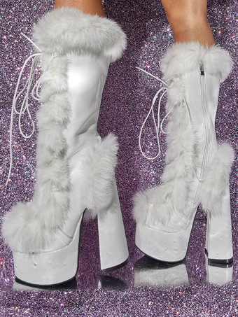 ホワイト 女性のためのPUレザーラウンドトゥプラットフォームチャンキーヒールミッドカーフブーツ