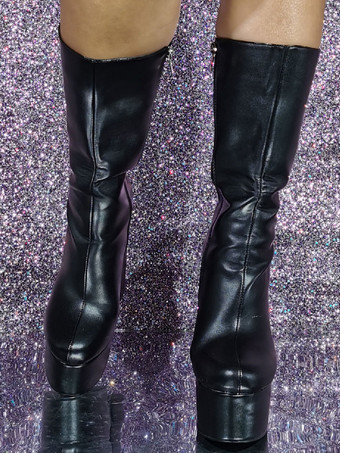 メンズセクシーブーツ ミドルブーツ PUレザー ラウンドトゥ プラットフォーム チャンキーヒールブーツ