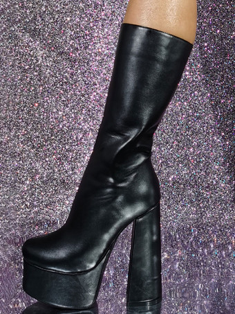 メンズセクシーブーツ ミドルブーツ PUレザー ラウンドトゥ プラットフォーム チャンキーヒールブーツ