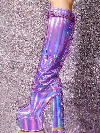 女性のセクシーなプラットフォームチャンキーヒールニーハイブーツメタリックレースアップブーツ