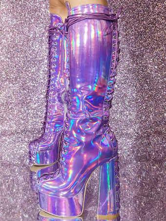 女性のセクシーなプラットフォームチャンキーヒールニーハイブーツメタリックレースアップブーツ