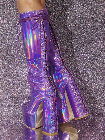 女性のセクシーなプラットフォームチャンキーヒールニーハイブーツメタリックレースアップブーツ