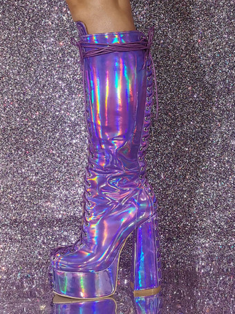 女性のセクシーなプラットフォームチャンキーヒールニーハイブーツメタリックレースアップブーツ