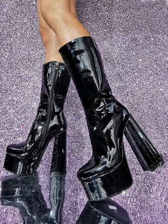 ブラックミッドカーフブーツセクシーなラウンドトゥプラットフォームチャンキーヒールブーツ