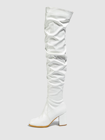 ホワイト レディース サイハイブーツ ラウンドトゥ チャンキーヒール オーバーニーブーツ