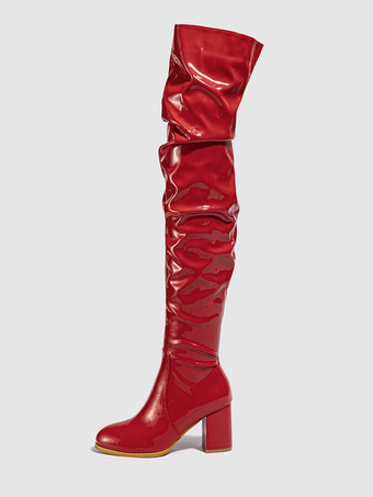 レッド レディース サイハイブーツ ラウンドトゥ チャンキーヒール オーバーニーブーツ