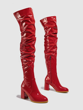 レディース サイハイブーツ ラウンドトゥ チャンキーヒール オーバーニーブーツ